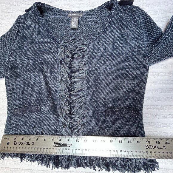 Chelsea & Theodore Women's Open Front Cardigan Sweater Small Blue Fringe Trim - Picture 8 of 8